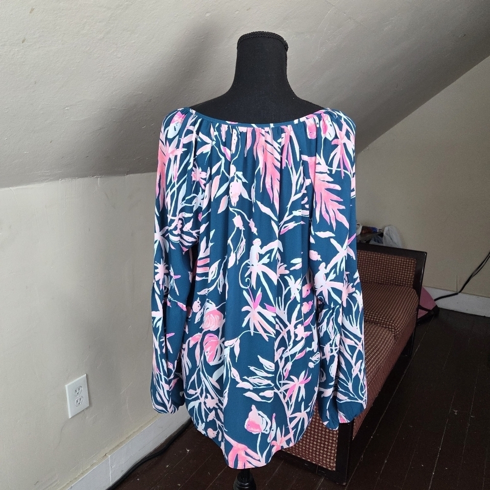 Lilly Pulitzer Amelia Floral Blouse Top Long Sleeve Off Shoulder V-Neck Size L - Picture 5 of 12